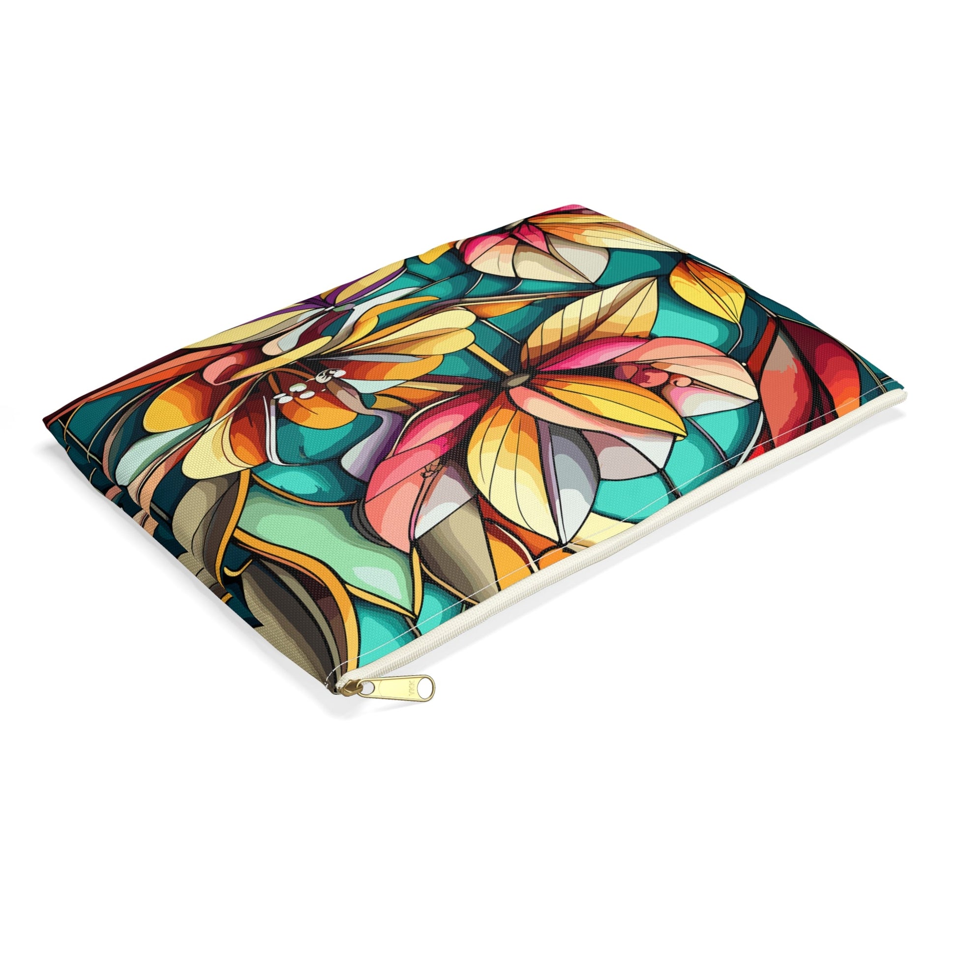 Stained Glass Flowers Accessory Pouch, Floral Pouch, Zippered Pouch, Cosmetic Bag, Makeup Bag, Toiletry Bag - Victory Thru Vision 