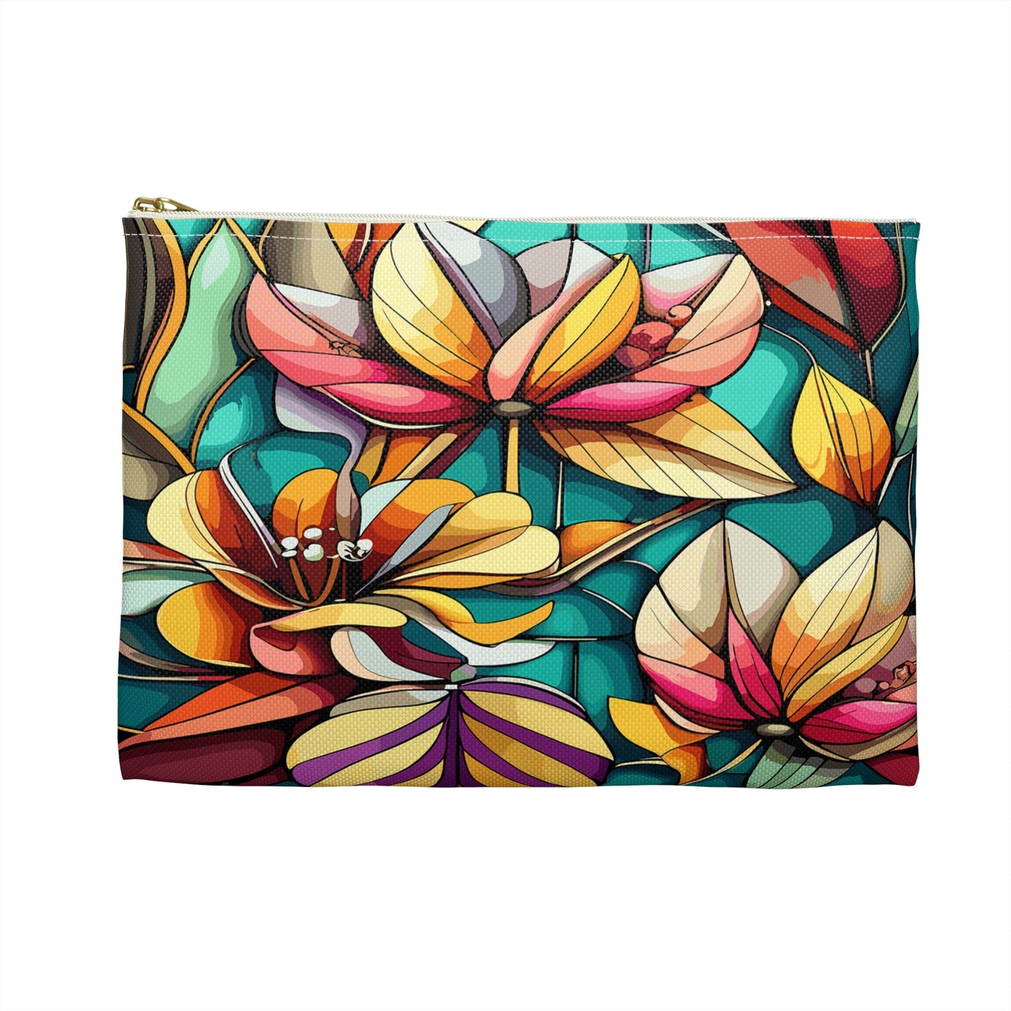 Stained Glass Flowers Accessory Pouch, Floral Pouch, Zippered Pouch, Cosmetic Bag, Makeup Bag, Toiletry Bag - Victory Thru Vision 