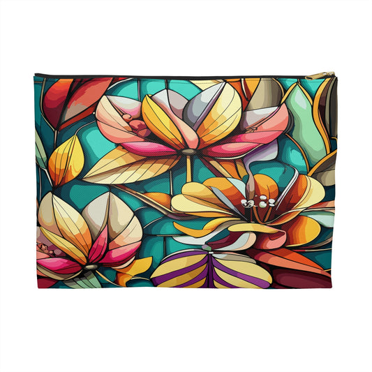 Stained Glass Flowers Accessory Pouch, Floral Pouch, Zippered Pouch, Cosmetic Bag, Makeup Bag, Toiletry Bag - Victory Thru Vision 