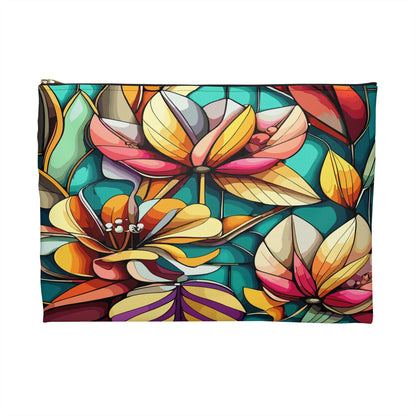 Stained Glass Flowers Accessory Pouch, Floral Pouch, Zippered Pouch, Cosmetic Bag, Makeup Bag, Toiletry Bag - Victory Thru Vision 