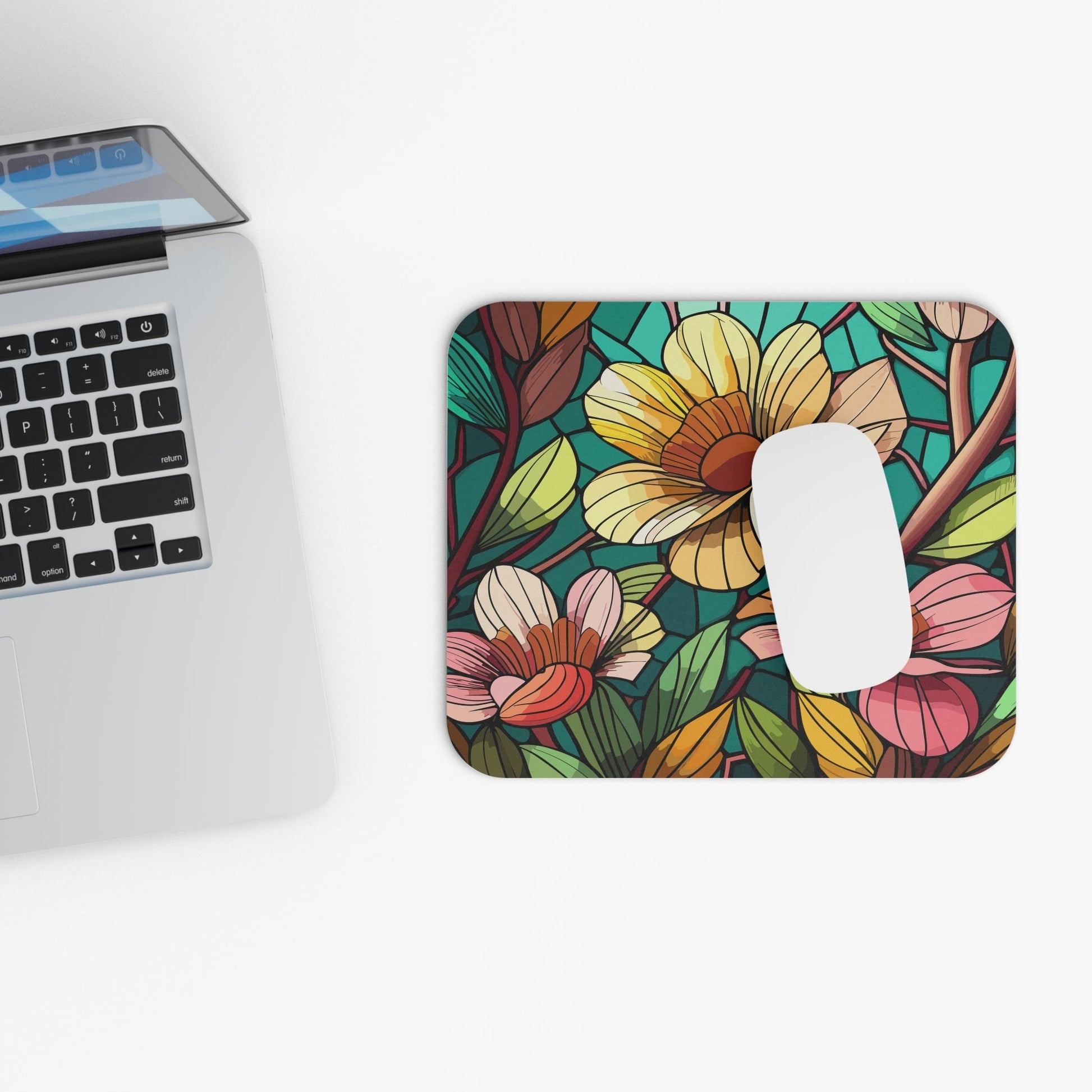 Stained Glass Flowers Mouse Pad, Floral Desk Pad, Floral Mouse Pad, Office Accessories, Unique Desk Mat, Home Office Décor - Victory Thru Vision 