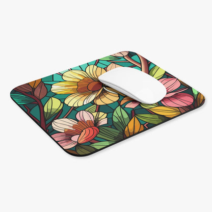 Stained Glass Flowers Mouse Pad, Floral Desk Pad, Floral Mouse Pad, Office Accessories, Unique Desk Mat, Home Office Décor - Victory Thru Vision 