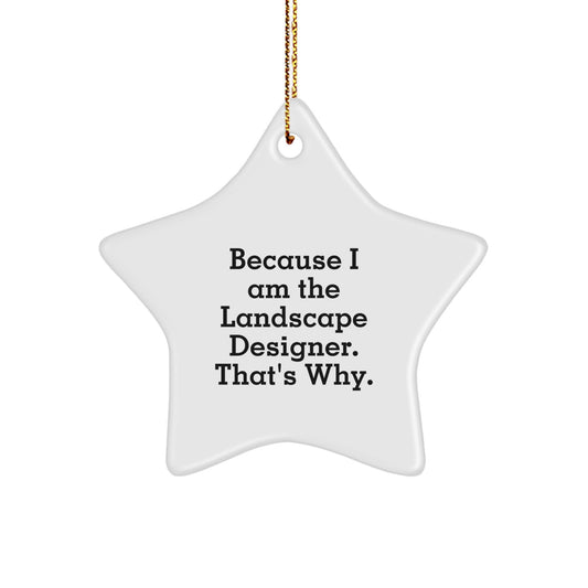 Funny Quote Gifts from Men to Landscape Designer Friends at Christmas Unique Star Ornament, White Star Shaped Durable MDF with Gold Cord, Because I Am The Landscape Designer. That's Why. - Image 1