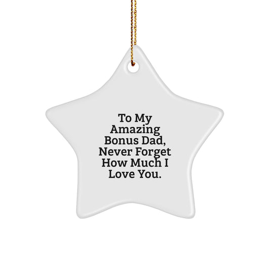 Funny Bonus Dad Gifts from Family - Star Ornament with 'To My Amazing Bonus Dad, Never Forget How Much I Love You.' Quote for Christmas Unique Gifts for Bonus Dads - Image 1