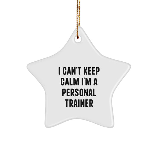 Funny Personal Trainer Gifts for Friends, Coworkers, or Family - 'I Can't Keep Calm I'm A Personal Trainer' Star Ornament, White, 3.25" tall, Perfect for Christmas - Image 1
