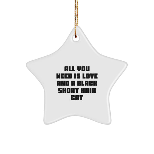Black Short Hair Cat Star Ornament, Gifts from Friends to Family for Christmas, 'All You Need Is Love And A Black Short Hair Cat' Quote - Image 1