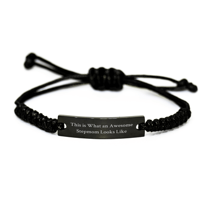 Stepmom Gifts from Men to Awesome Stepmom for Graduation - Inspirational Quote Rope Bracelet - Black Stainless Steel with Interlaced Rope, Adjustable 3.34-9.84 inches - Victory Thru Vision 