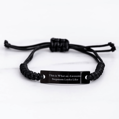Stepmom Gifts from Men to Awesome Stepmom for Graduation - Inspirational Quote Rope Bracelet - Black Stainless Steel with Interlaced Rope, Adjustable 3.34-9.84 inches - Victory Thru Vision 