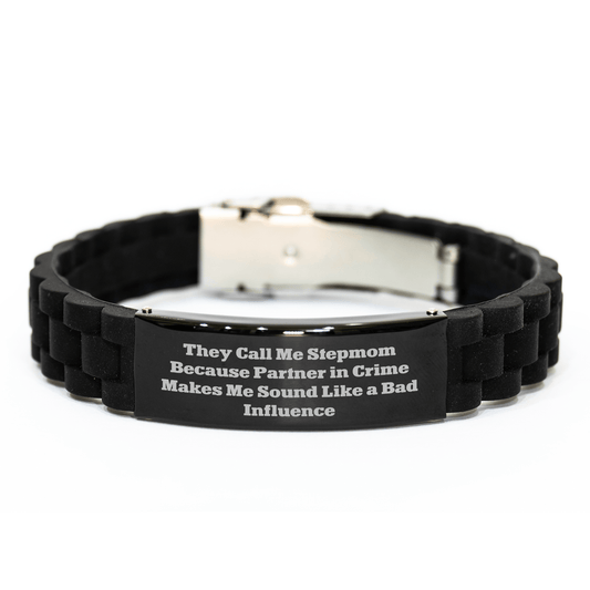 Stepmom's Partner in Crime Gift, Funny Glide lock Clasp Black Stainless Steel Silicone Adjustable Graduation Bestowal to Stepmom from Family - Victory Thru Vision 