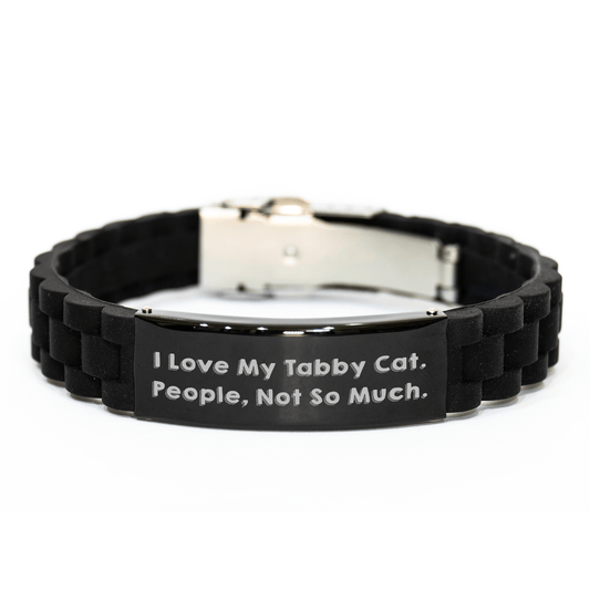 Tabby Cat Lovers Unite, Funny Quote Gifts from Friends for Fathers Day - Adjustable Glide lock Clasp Black Stainless Steel Silicone Bracelet - Victory Thru Vision