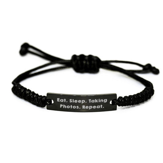 Take Photos Gifts for Men - Eat. Sleep. Taking Photos. Repeat. Rope Bracelet, Adjustable, Engraved, Funny - Victory Thru Vision