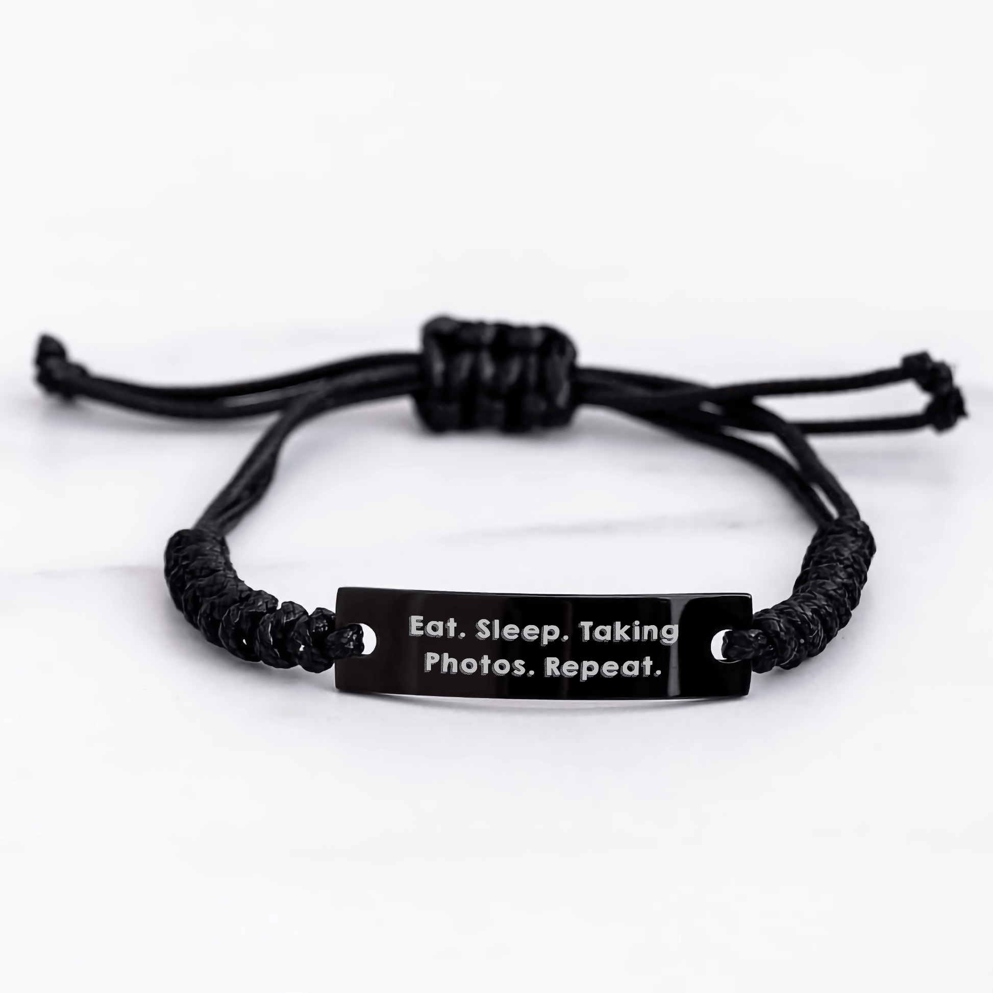 Take Photos Gifts for Men - Eat. Sleep. Taking Photos. Repeat. Rope Bracelet, Adjustable, Engraved, Funny - Victory Thru Vision 