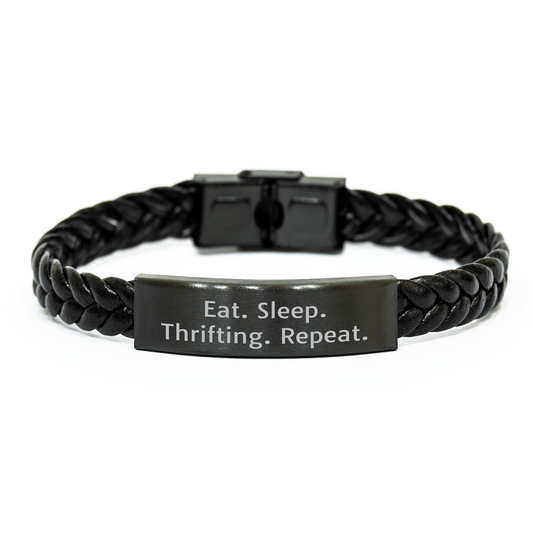 Thrifting Fun Gifts for Men and Women - Interlaced Leather Bracelet Eat. Sleep. Thrifting. Repeat. - Unique Graduation Accessories from Friends or Family - Victory Thru Vision 