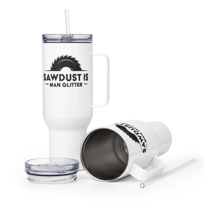 Sawdust is Man Glitter Woodworking Enthusiast Quote Travel mug with a handle