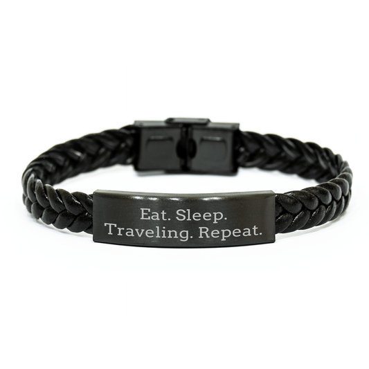 Traveling Companion Interlaced Leather Bracelet, Gifts from Friends for Traveling Men, Eat. Sleep. Traveling. Repeat. Quote, Graduation Unique Gifts - Victory Thru Vision 