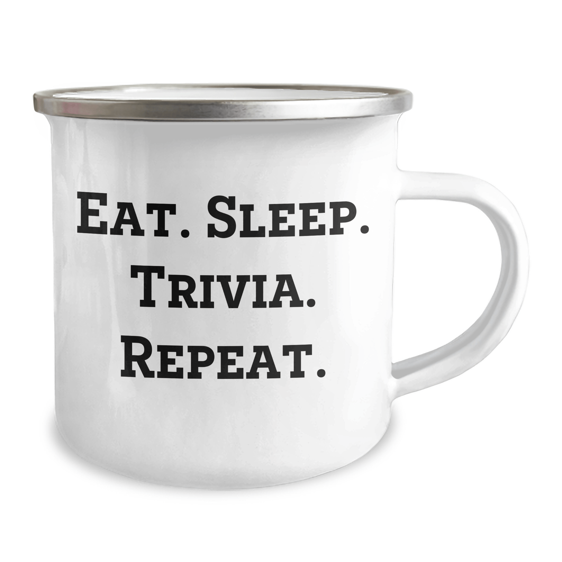 Trivia Enthusiast Gifts from Friends for Graduation - Eat. Sleep. Trivia. Repeat. Funny Camping Mug, 12 oz Stainless Steel with Enamel Finish - Victory Thru Vision 
