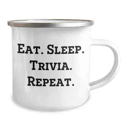 Trivia Enthusiast Gifts from Friends for Graduation - Eat. Sleep. Trivia. Repeat. Funny Camping Mug, 12 oz Stainless Steel with Enamel Finish - Victory Thru Vision 