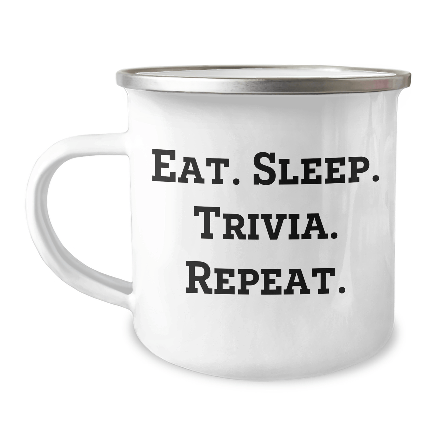 Trivia Enthusiast Gifts from Friends for Graduation - Eat. Sleep. Trivia. Repeat. Funny Camping Mug, 12 oz Stainless Steel with Enamel Finish - Victory Thru Vision 