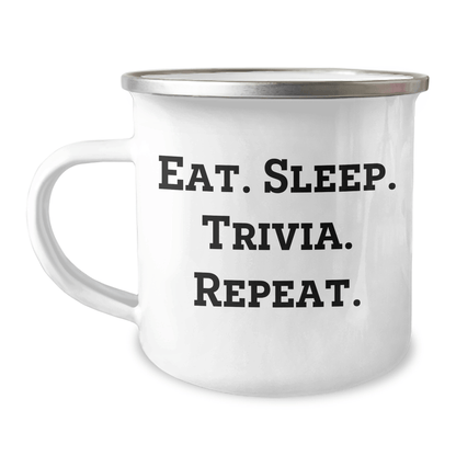 Trivia Enthusiast Gifts from Friends for Graduation - Eat. Sleep. Trivia. Repeat. Funny Camping Mug, 12 oz Stainless Steel with Enamel Finish - Victory Thru Vision 