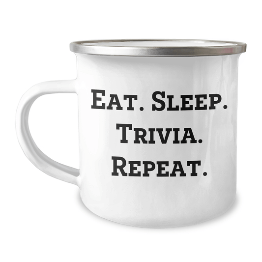 Trivia Enthusiast Gifts from Friends for Graduation - Eat. Sleep. Trivia. Repeat. Funny Camping Mug, 12 oz Stainless Steel with Enamel Finish - Victory Thru Vision 