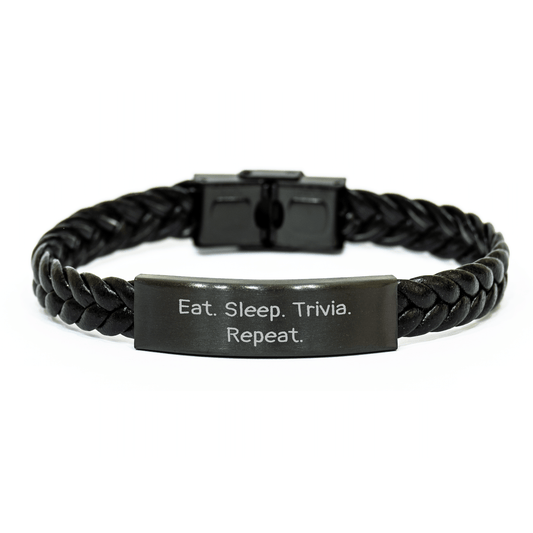 Trivia Lovers' Delight, Eat. Sleep. Trivia. Repeat. Interlaced Leather Bracelet for Graduation Gifts from Friends to Family - Victory Thru Vision 