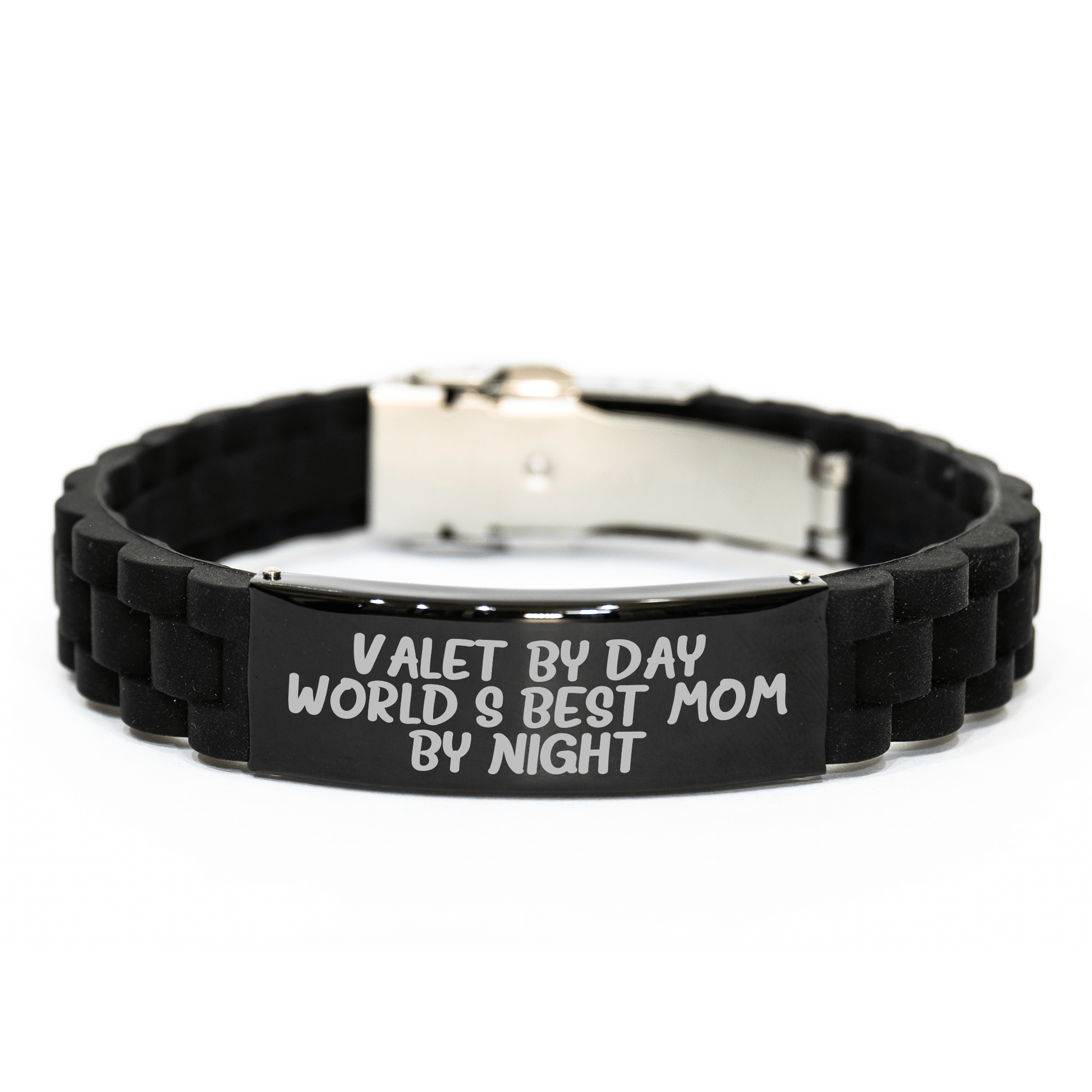 Valet By Day, World's Best Mom By Night - Glide lock Clasp Black Stainless Steel Silicone Adjustable Gift for Valet, Men, Family, or Friends - Father's Day Unique Gifts from - Victory Thru Vision