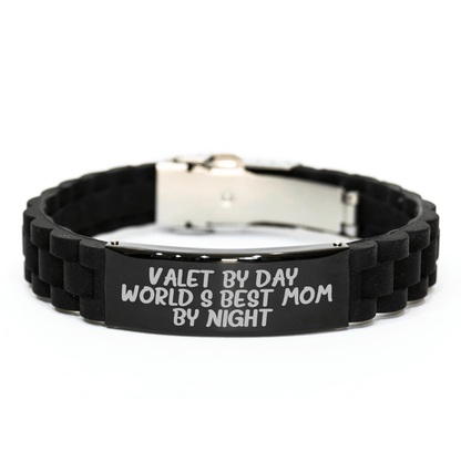 Valet By Day, World's Best Mom By Night - Glide lock Clasp Black Stainless Steel Silicone Adjustable Gift for Valet, Men, Family, or Friends - Father's Day Unique Gifts from - Victory Thru Vision