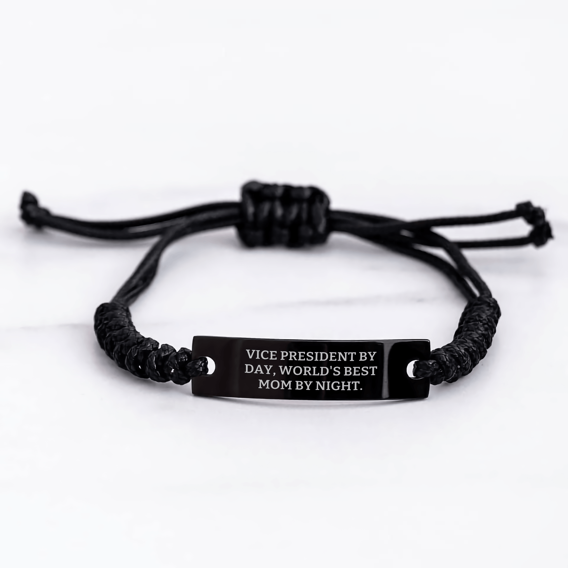 Vice President by Day World's Best Mom at Night Funny Rope Gift for Men, Adjustable Black Stainless Steel Engraved Rope Bracelet from Family - Victory Thru Vision 