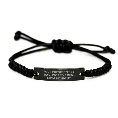 Vice President by Day World's Best Mom at Night Funny Rope Gift for Men, Adjustable Black Stainless Steel Engraved Rope Bracelet from Family - Victory Thru Vision 