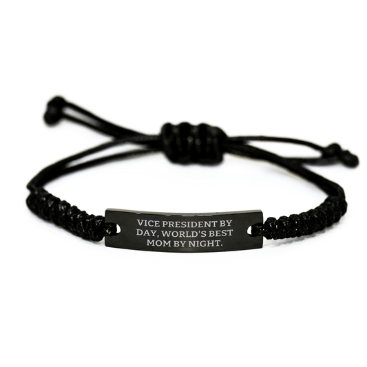 Vice President by Day World's Best Mom at Night Funny Rope Gift for Men, Adjustable Black Stainless Steel Engraved Rope Bracelet from Family - Victory Thru Vision