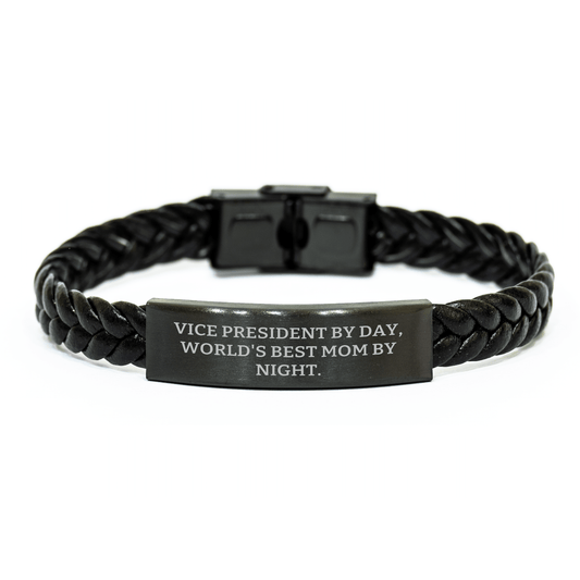 Vice President Gifts from Mom - 'Vice President By Day, World's Best Mom By Night.' Interlaced Leather Bracelet for Men - Father's Day Unique Gifts - Victory Thru Vision