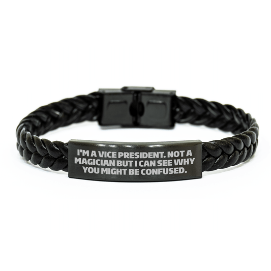 Vice President Gifts Funny Quote Interlaced Leather Bracelet for Men or Women from Friends, Coworkers, Family, Unique Graduation Gifts - Victory Thru Vision