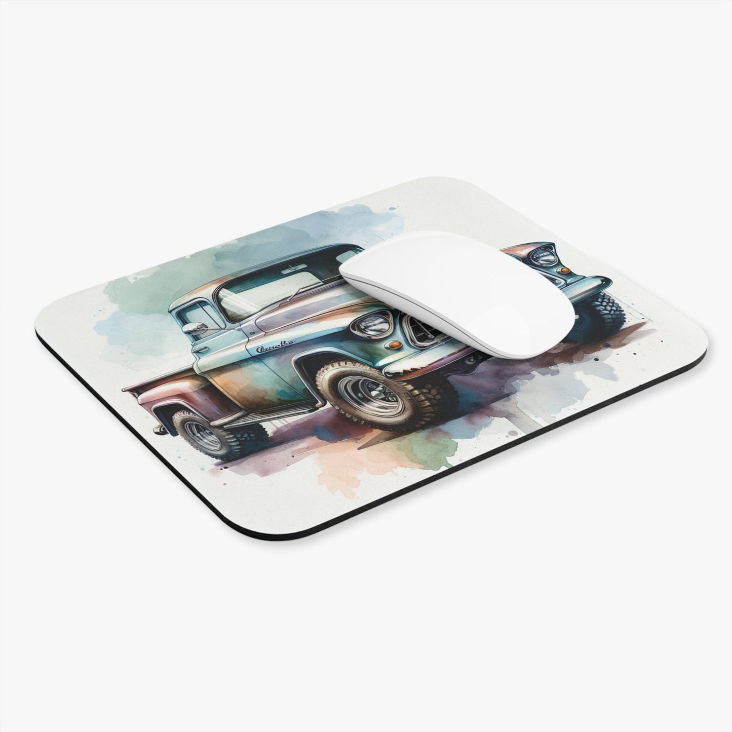 Vintage 1955 Chevy truck mouse pad with rustic watercolor design, perfect office gift