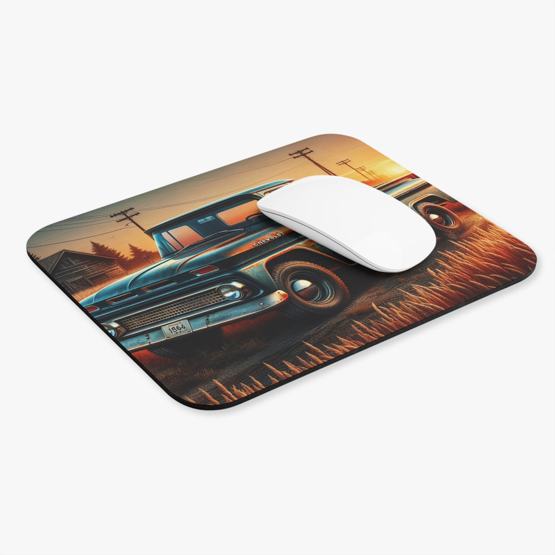 Vintage 1964 Chevy truck mouse pad with classic pickup truck and sunset rural scene design.