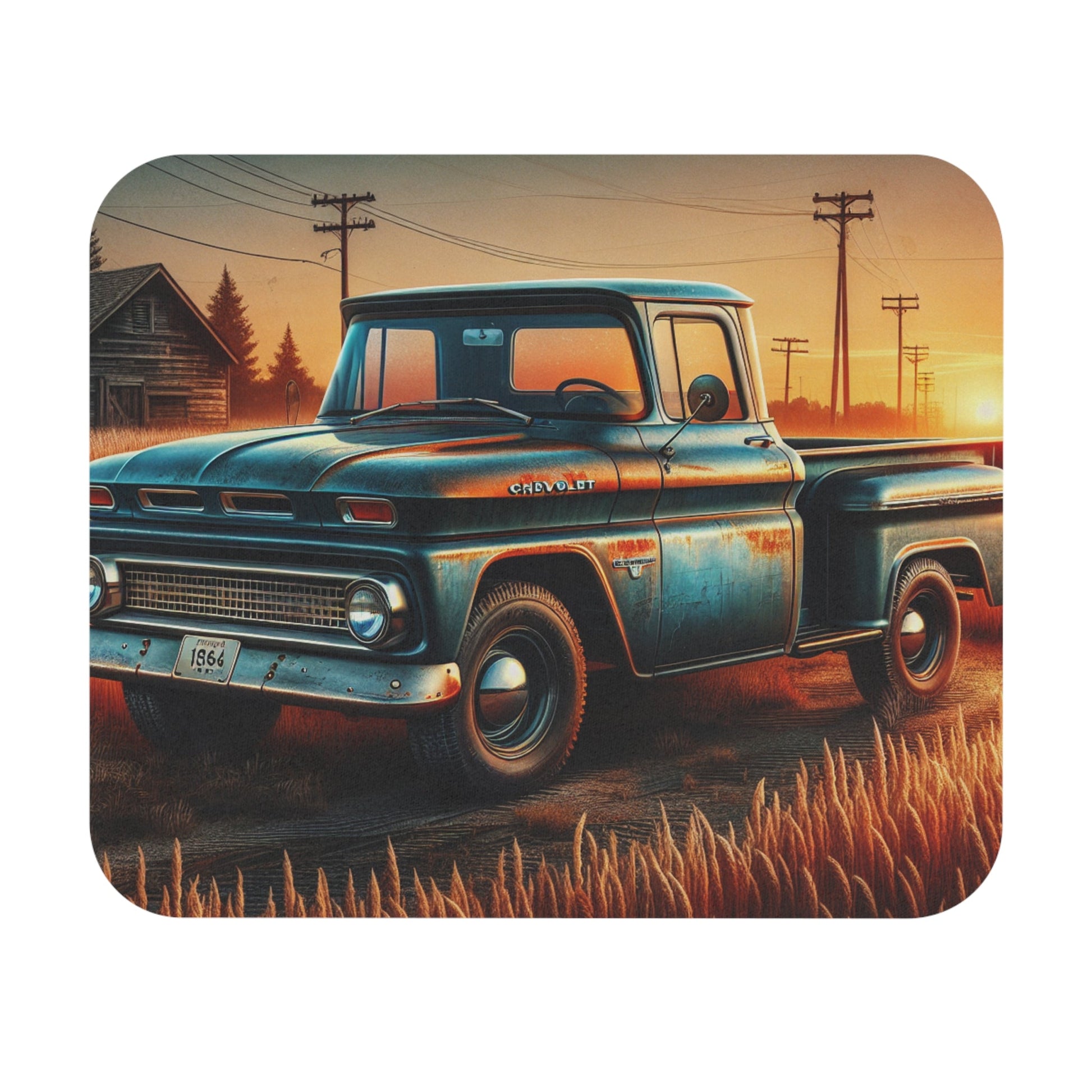 Vintage 1964 Chevy truck mouse pad with classic blue pickup in a retro rural sunset scene