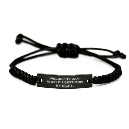Welder Gifts from Women - Funny Rope Bracelet with 'Welder By Day, World's Best Mom By Night.' Engraving - Adjustable Black Stainless Steel Rope - Father's Day Unique Gifts for Men - Victory Thru Vision 
