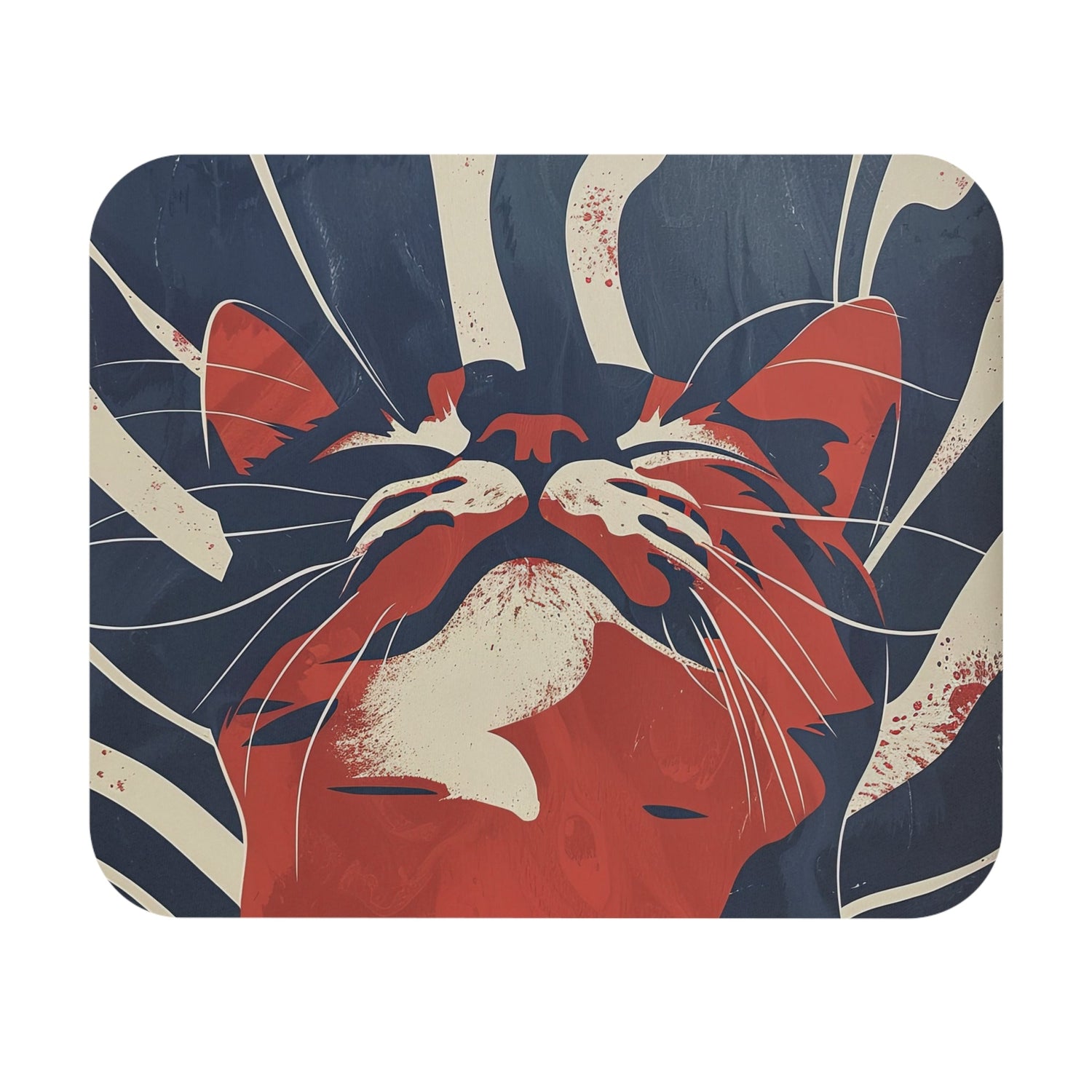 Whimsical cat mouse pad with bold red and navy design, cute desk accessory for pet lovers