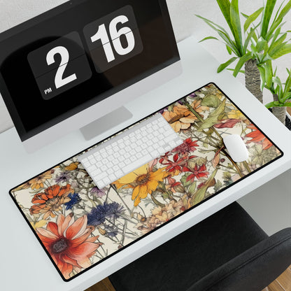 Wildflowers Desk Mat, Floral Mouse Pad, Botanical Office Decor, Nature Desk Accessories, Non-Slip Gaming Mat - Victory Thru Vision 
