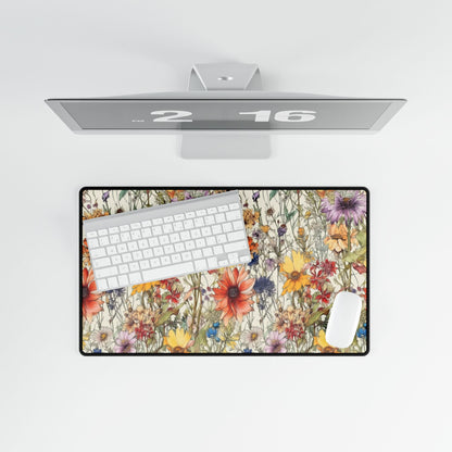 Wildflowers Desk Mat, Floral Mouse Pad, Botanical Office Decor, Nature Desk Accessories, Non-Slip Gaming Mat - Victory Thru Vision 