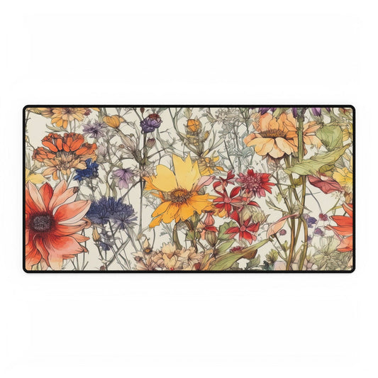 Wildflowers Desk Mat, Floral Mouse Pad, Botanical Office Decor, Nature Desk Accessories, Non-Slip Gaming Mat - Victory Thru Vision 