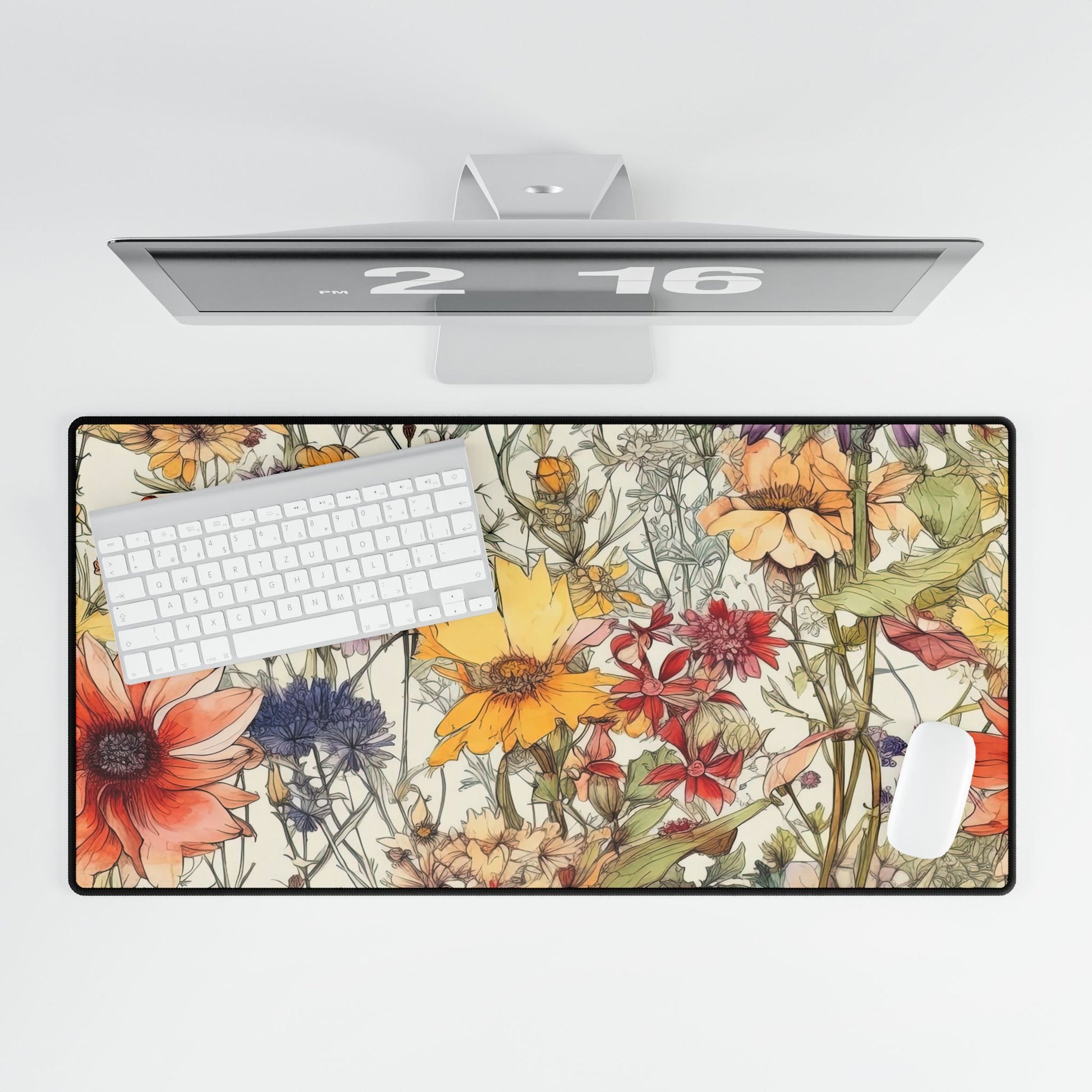 Wildflowers Desk Mat, Floral Mouse Pad, Botanical Office Decor, Nature Desk Accessories, Non-Slip Gaming Mat - Victory Thru Vision 