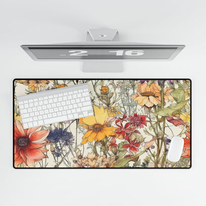 Wildflowers Desk Mat, Floral Mouse Pad, Botanical Office Decor, Nature Desk Accessories, Non-Slip Gaming Mat - Victory Thru Vision 