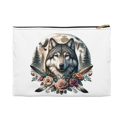 Wolf Accessory Pouch, Native American Animal Lover Gift, Tribal Design, Zipper Bag Organizer, Travel Makeup Case - Victory Thru Vision 