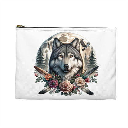 Wolf Accessory Pouch, Native American Animal Lover Gift, Tribal Design, Zipper Bag Organizer, Travel Makeup Case - Victory Thru Vision 