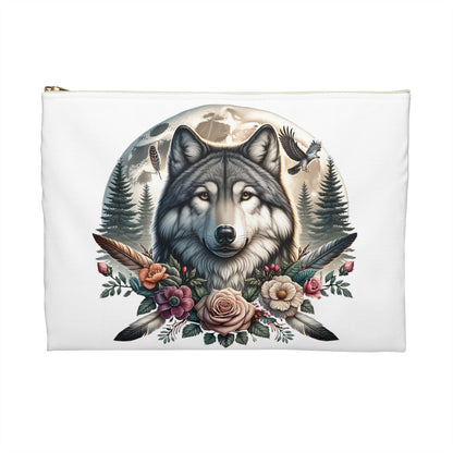 Wolf Accessory Pouch, Native American Animal Lover Gift, Tribal Design, Zipper Bag Organizer, Travel Makeup Case - Victory Thru Vision 