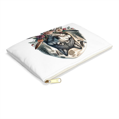 Wolf Accessory Pouch, Native American Animal Lover Gift, Tribal Design, Zipper Bag Organizer, Travel Makeup Case - Victory Thru Vision 