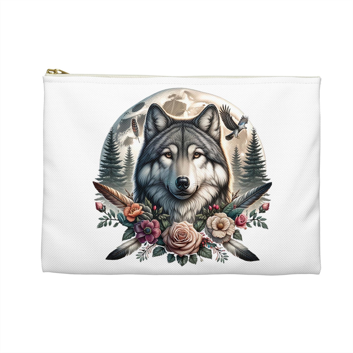 Wolf Accessory Pouch, Native American Animal Lover Gift, Tribal Design, Zipper Bag Organizer, Travel Makeup Case - Victory Thru Vision 