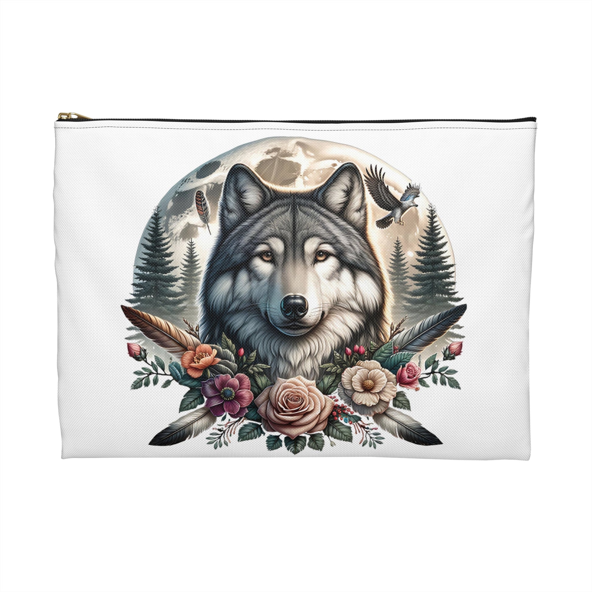 Wolf Accessory Pouch, Native American Animal Lover Gift, Tribal Design, Zipper Bag Organizer, Travel Makeup Case - Victory Thru Vision 