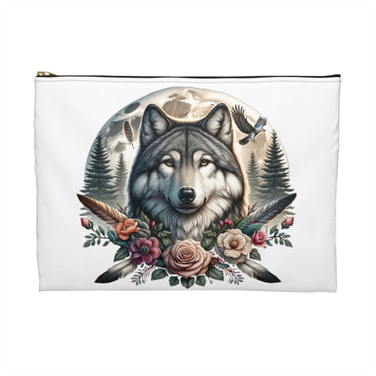 Wolf Accessory Pouch, Native American Animal Lover Gift, Tribal Design, Zipper Bag Organizer, Travel Makeup Case - Victory Thru Vision 
