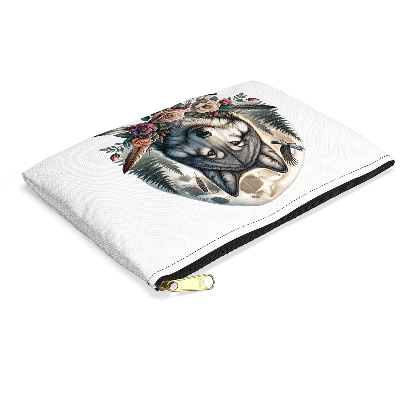 Wolf Accessory Pouch, Native American Animal Lover Gift, Tribal Design, Zipper Bag Organizer, Travel Makeup Case - Victory Thru Vision 